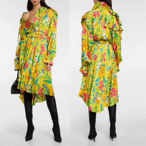 NWT Balenciaga Midi Dress Yellow Lemon Viscose Belted Waist Jacquard Floral - Picture 1 of 15